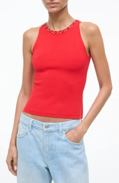Staud Reina Beaded Jewel Neck Tank In Red