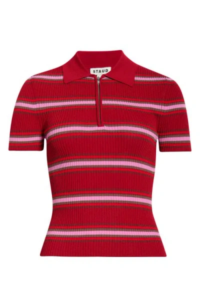 Staud Ren Stripe Rib Polo Sweater In Red