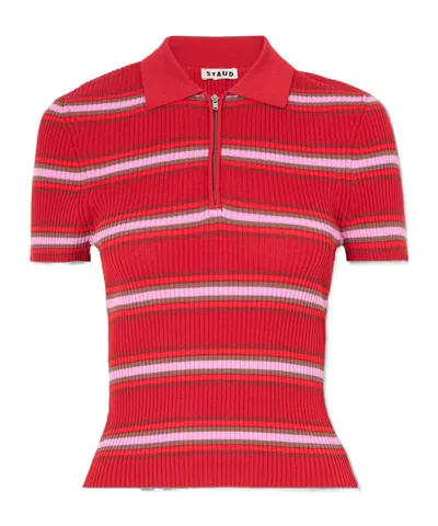 Staud Ren Striped Ribbed Knit Polo Shirt In Red