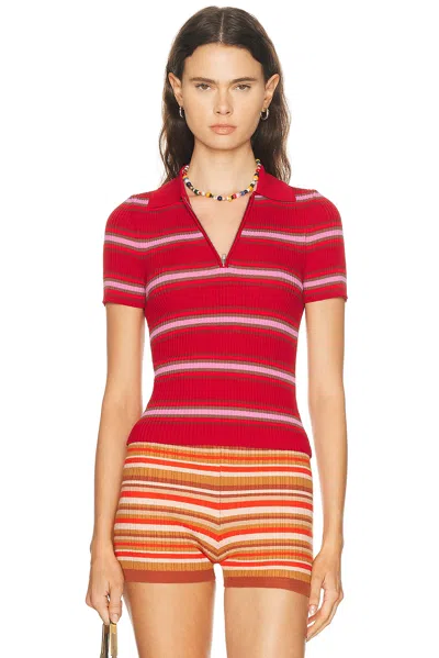 Staud Ren Zip-fatening Striped Polo Shirt In Red