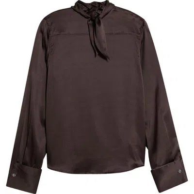 Staud Rhodes Long Sleeve Stretch Silk Top In Brown
