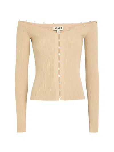Staud Ribbed-knit Off-shoulder Cardigan In Neutral
