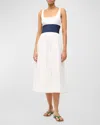 Staud Rig Denim-paneled Cotton Poplin Midi Dress In White Navy