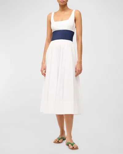 STAUD RIG CINCHED COTTON POPLIN SLEEVELESS MIDI DRESS