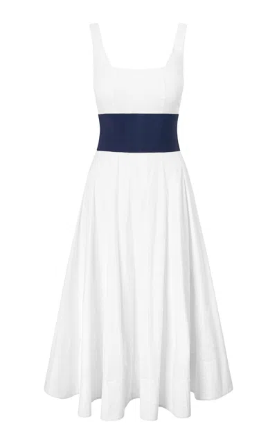 Staud Rig Denim-paneled Cotton Poplin Midi Dress In White/navy