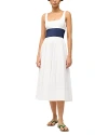 Staud Rig Denim-paneled Cotton Poplin Midi Dress In White/navy