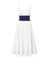 Staud Rig Denim-paneled Cotton Poplin Midi Dress In White/navy