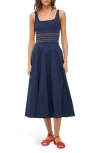 Staud Rig Embroidered Smocked Waist Stretch Cotton Sundress