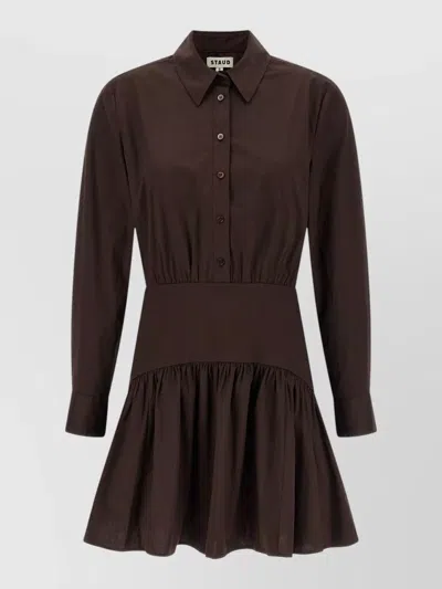 Staud Rocco Dress Cuffed Sleeves Gathered Skirt Waistband In Brown