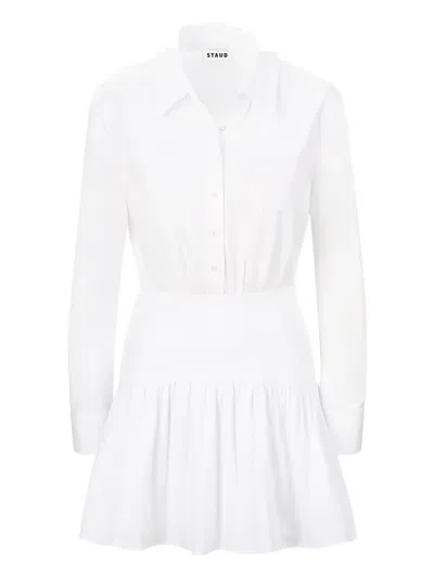 Staud Rocco Gathered Stretch-cotton Poplin Mini Shirt Dress In White