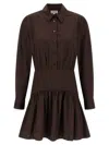 Staud Long Sleeve Gathered Detail Dress In Brown