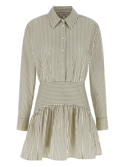 Staud Rocco Striped Shirt-collar Mini Dress In Neutral