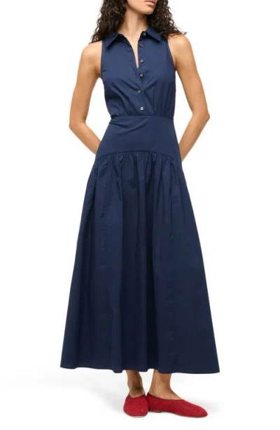 Staud Romy Sleeveless Maxi Shirtdress In Navy