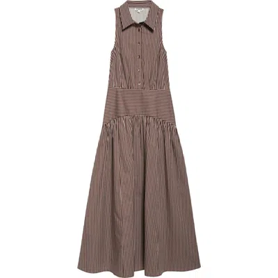 Staud Romy Stripe Sleeveless Maxi Shirtdress In Dark Oak Micro Stripe