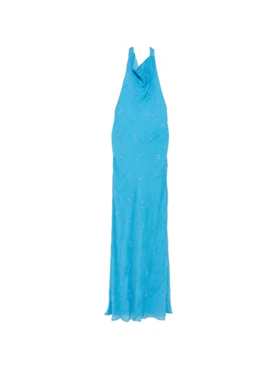 Staud Roselle Beaded Halterneck Maxi Dress In Blue