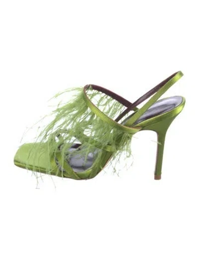Pre-owned Staud Satin Feather Trim Slingback Sandals In Green