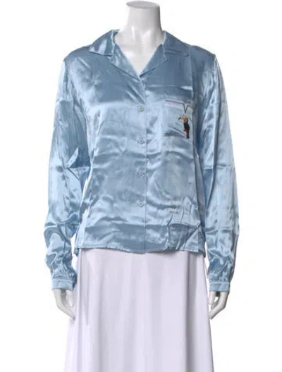 Pre-owned Staud Satin Graphic Print Blouse In Blue