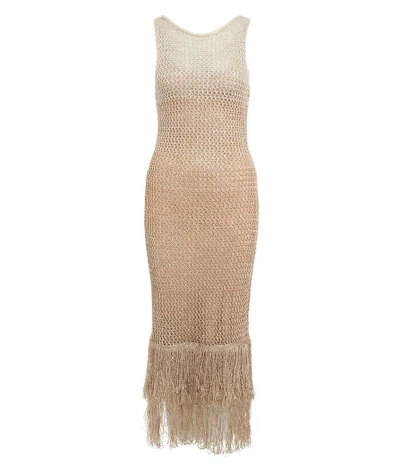 Staud Sequin Embellished Sleeveless Fringed Maxi Dress In Beige Multi