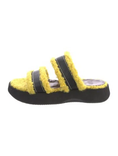 Pre-owned Staud Shearling Leather Trim Embellishment Slides In Yellow