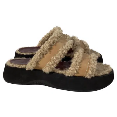 Pre-owned Staud Siesta Shearling Slide Sandals In Brown Leather