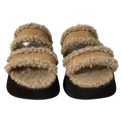 Pre-owned Staud Siesta Shearling Slide Sandals In Brown Leather
