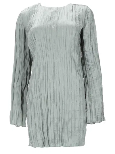 Staud Silver Pleated Round Neck Mini Dress In Green