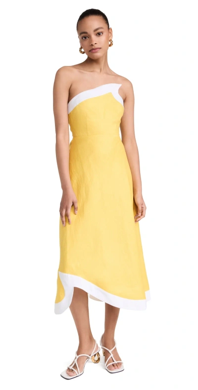 Staud Contrast Detail Strapless Linen Dress In Sunrise/ White