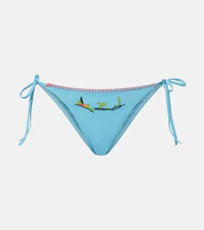 Staud Sisley Embroidered Bikini Bottoms In Blue