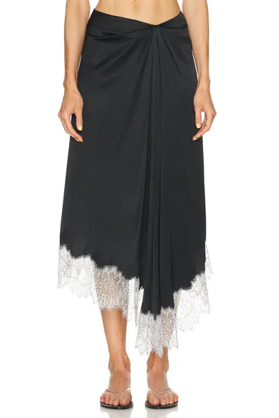 Staud Sonoma Asymmetric Gathered Lace-trimmed Silk-blend Satin Midi Skirt In Black