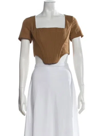 Pre-owned Staud Square Neckline Short Sleeve Crop Top In Brown