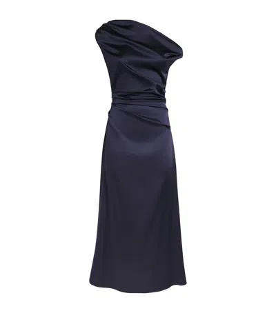 Staud Stretch-silk Asymmetric Phare Midi Dress In Navy