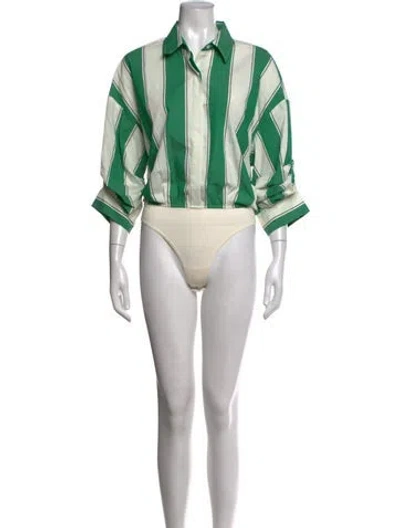 Pre-owned Staud Striped Long Sleeve Bodysuit In Green