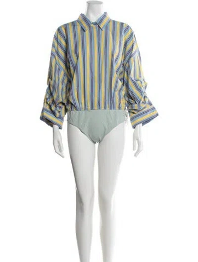 Pre-owned Staud Striped Long Sleeve Bodysuit W/ Tags In Blue