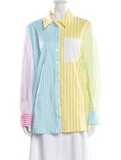 Pre-owned Staud Striped Long Sleeve Button-up Top In Blue