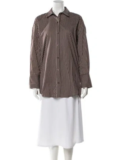 Pre-owned Staud Striped Long Sleeve Button-up Top In Brown