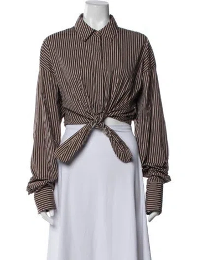 Pre-owned Staud Striped Long Sleeve Button-up Top In Brown