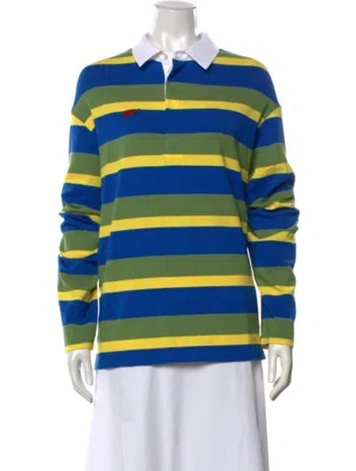 Pre-owned Staud Striped Long Sleeve Polo In Green