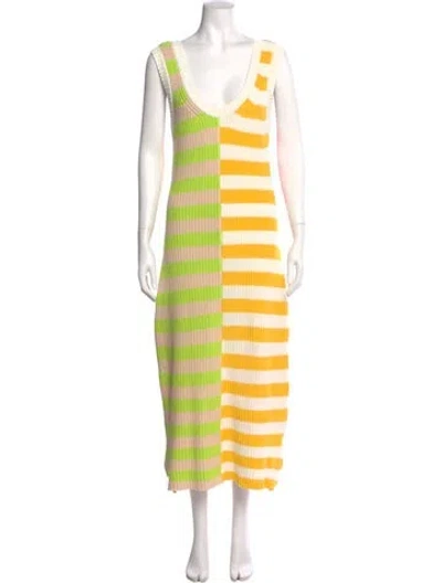 Pre-owned Staud Striped Midi Length Dress In Brown