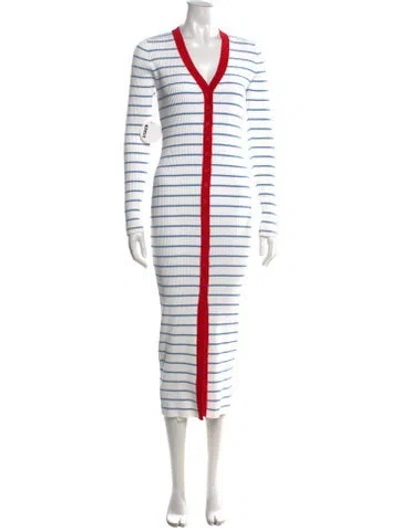 Pre-owned Staud Striped Midi Length Dress W/ Tags In White