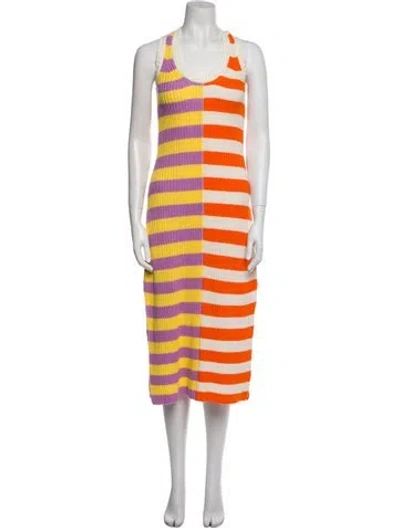 Pre-owned Staud Striped Midi Length Dress In White