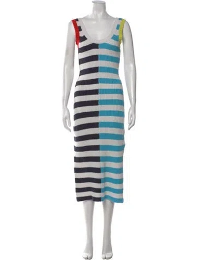 Pre-owned Staud Striped Midi Length Dress In White
