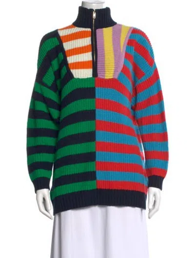 Pre-owned Staud Striped Mock Neck Sweater In Blue/green