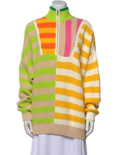 Pre-owned Staud Striped Mock Neck Sweater In Green