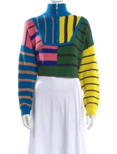 Pre-owned Staud Striped Mock Neck Sweater In Green