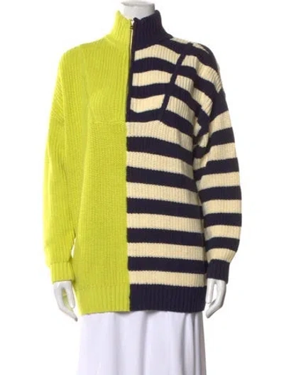 Pre-owned Staud Striped Mock Neck Sweater In Green