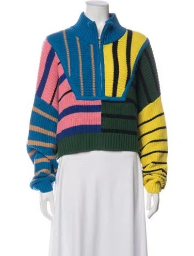 Pre-owned Staud Striped Mock Neck Sweater In Green