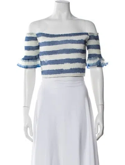 Pre-owned Staud Striped Off-the-shoulder Crop Top In Blue