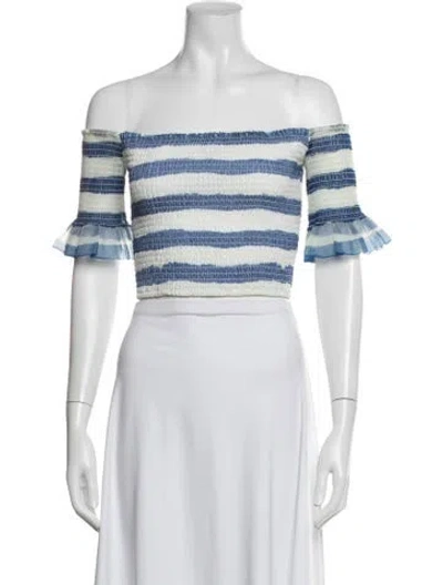 Pre-owned Staud Striped Off-the-shoulder Crop Top In Blue
