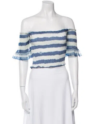 Pre-owned Staud Striped Off-the-shoulder Crop Top In White