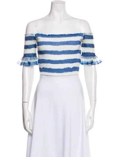Pre-owned Staud Striped Off-the-shoulder Crop Top In White